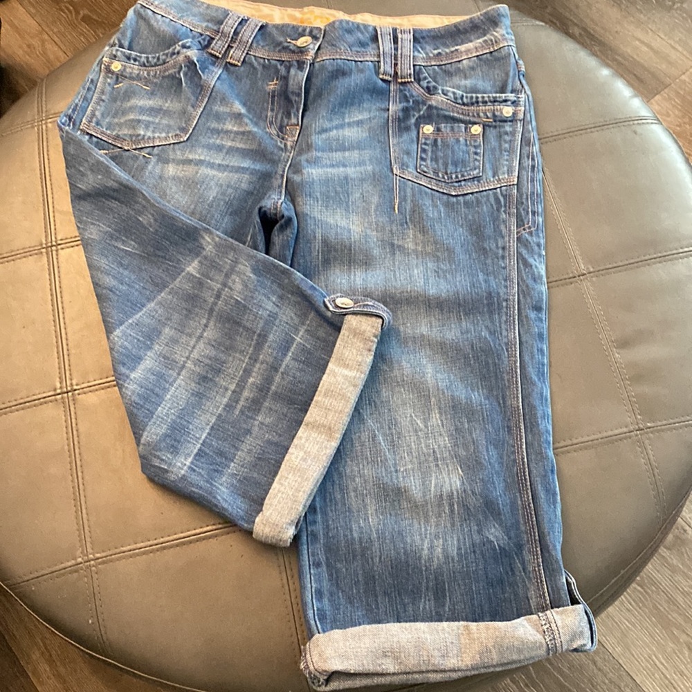 NEXT Vintage Crop Size 14 Pedal-pusher Zip Front Cuffed Tab Hem Blue Wash Jean
